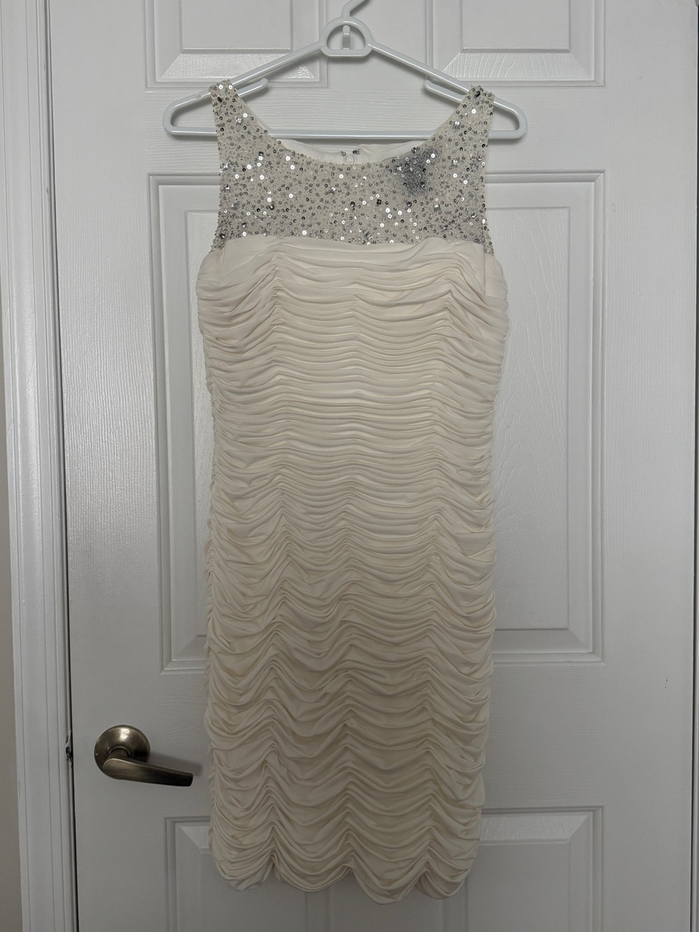 JS Boutique Ivory Beaded Ruched Midi Dress